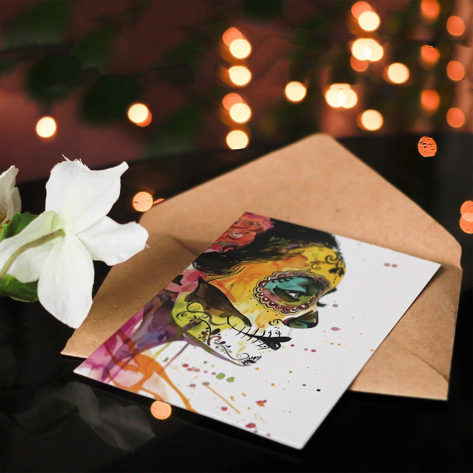 image 1 of Day Of The Dead Skull Face Woman Watercolour Birthday Card