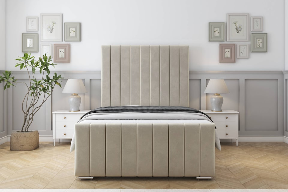 image 1 of Sloomy California Cream Plush Bed Frame With Mattress With 50" Upholstered Headboard 6' Super King
