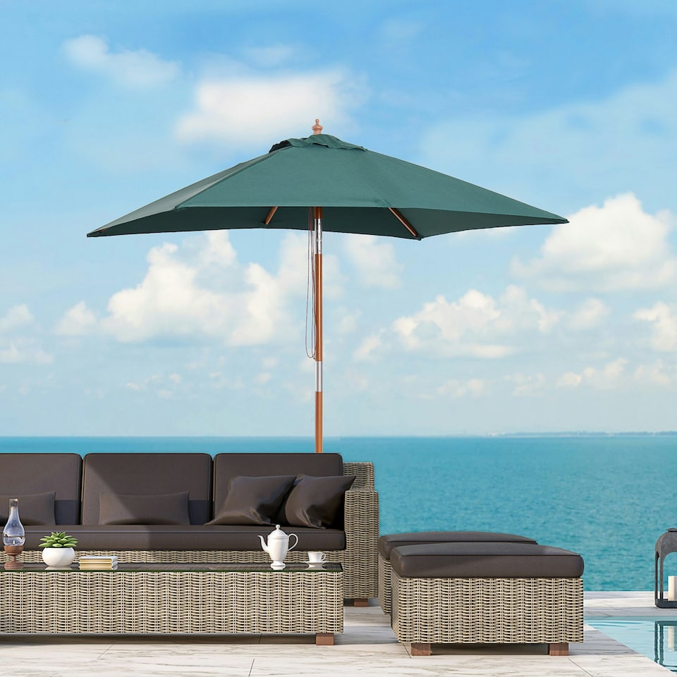 image 1 of Outsunny Wooden Patio Umbrella Parasol Outdoor Sunshade 6 Ribs Green