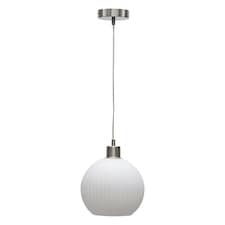 First Choice Lighting Betchley White Ribbed Glass Globe with Satin Nickel Pendant Fitting Silver | White