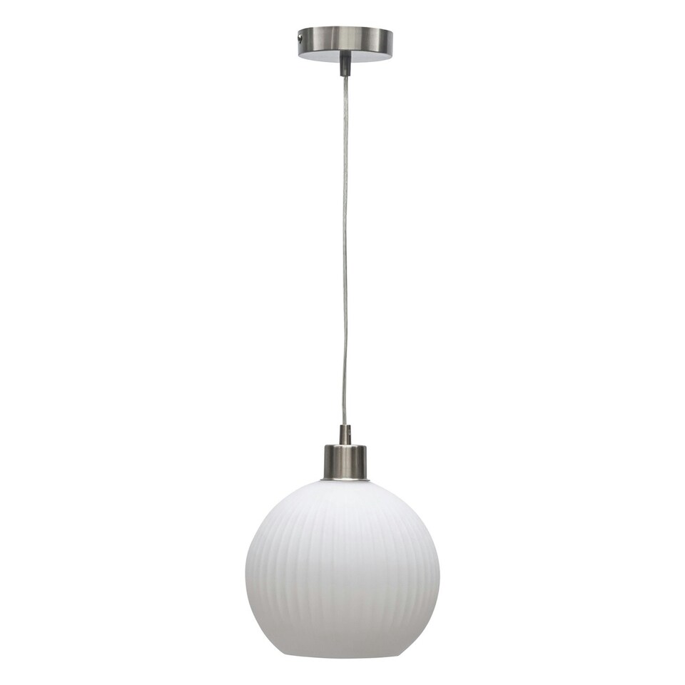 image 1 of First Choice Lighting Betchley White Ribbed Glass Globe with Satin Nickel Pendant Fitting Silver | White