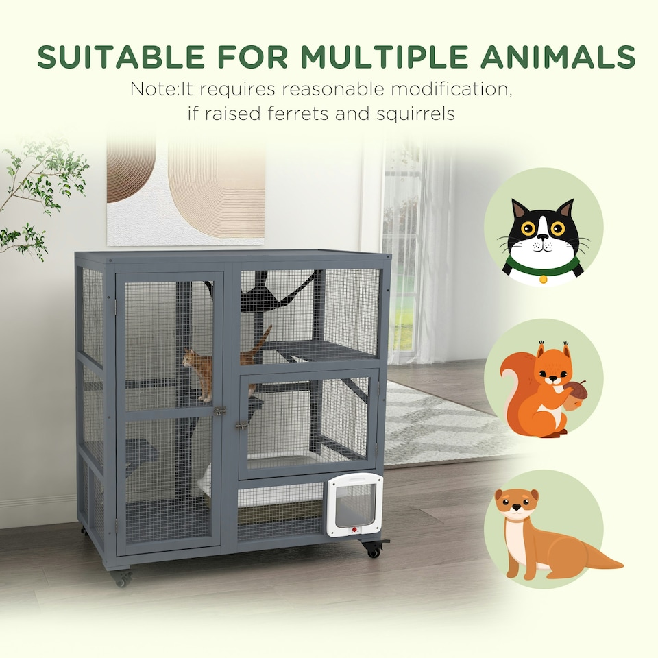 image 1 of PawHut Indoor Catio Cat House on Wheels with Platforms, Hammock
