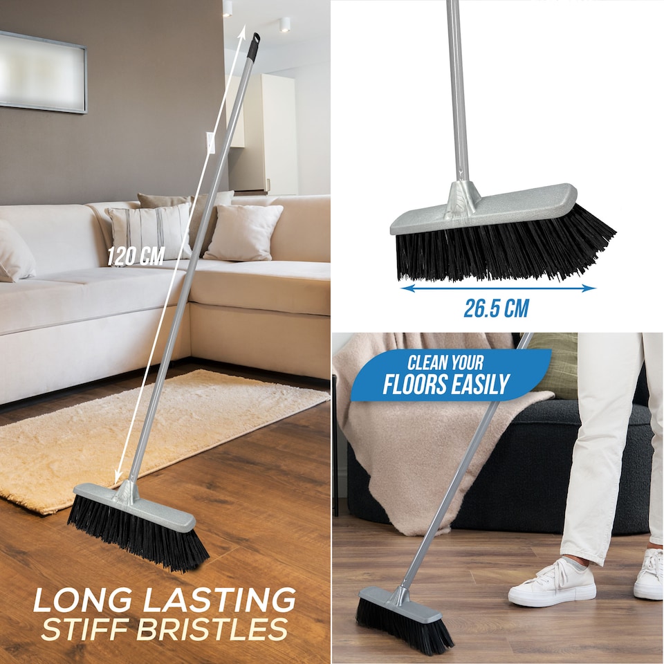 image 1 of Stiff Bristle Indoor Broom Silver Sweeping Brush for Tiles, Wood & Carpet Metal Handle Kitchen Floor Sweeper