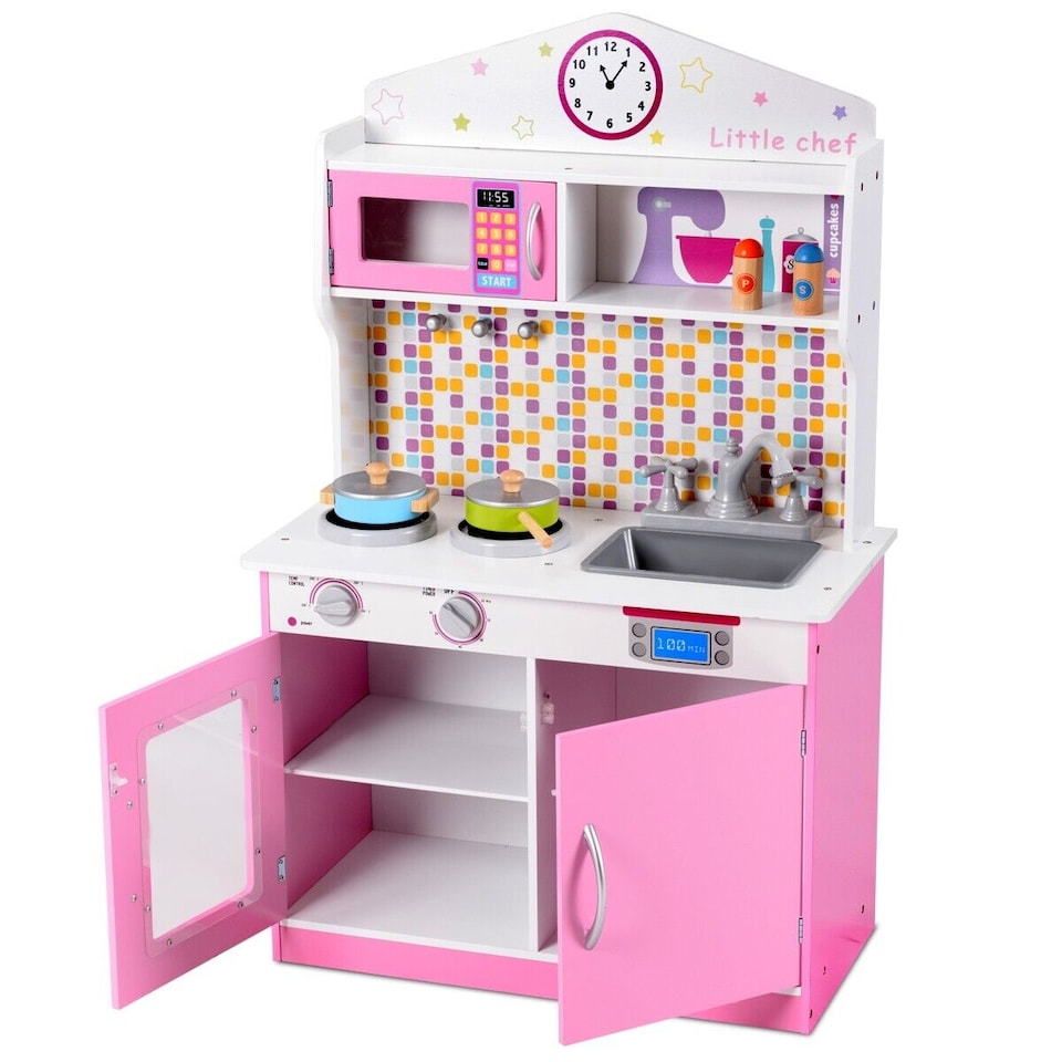 image 1 of COSTWAY Wooden Kids Play Kitchen Children Role Play Pretend Set