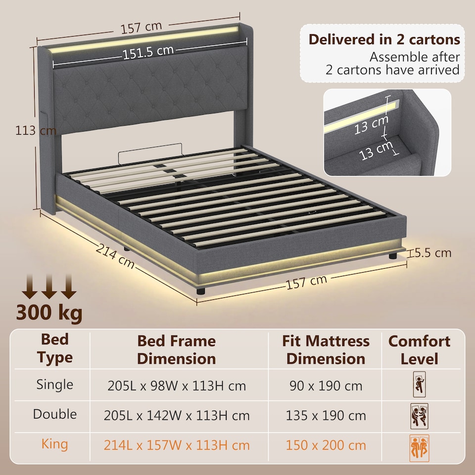 image 1 of HOMCOM Lift up Storage Bed Frame with RGB LED Lights, 150 x 200cm, Dark Grey