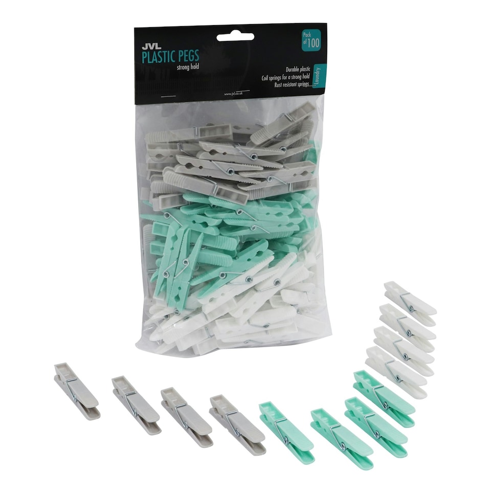 image 1 of JVL Plastic Peg Basket, Grey with 100 Strong Hold Plastic Pegs, Aqua