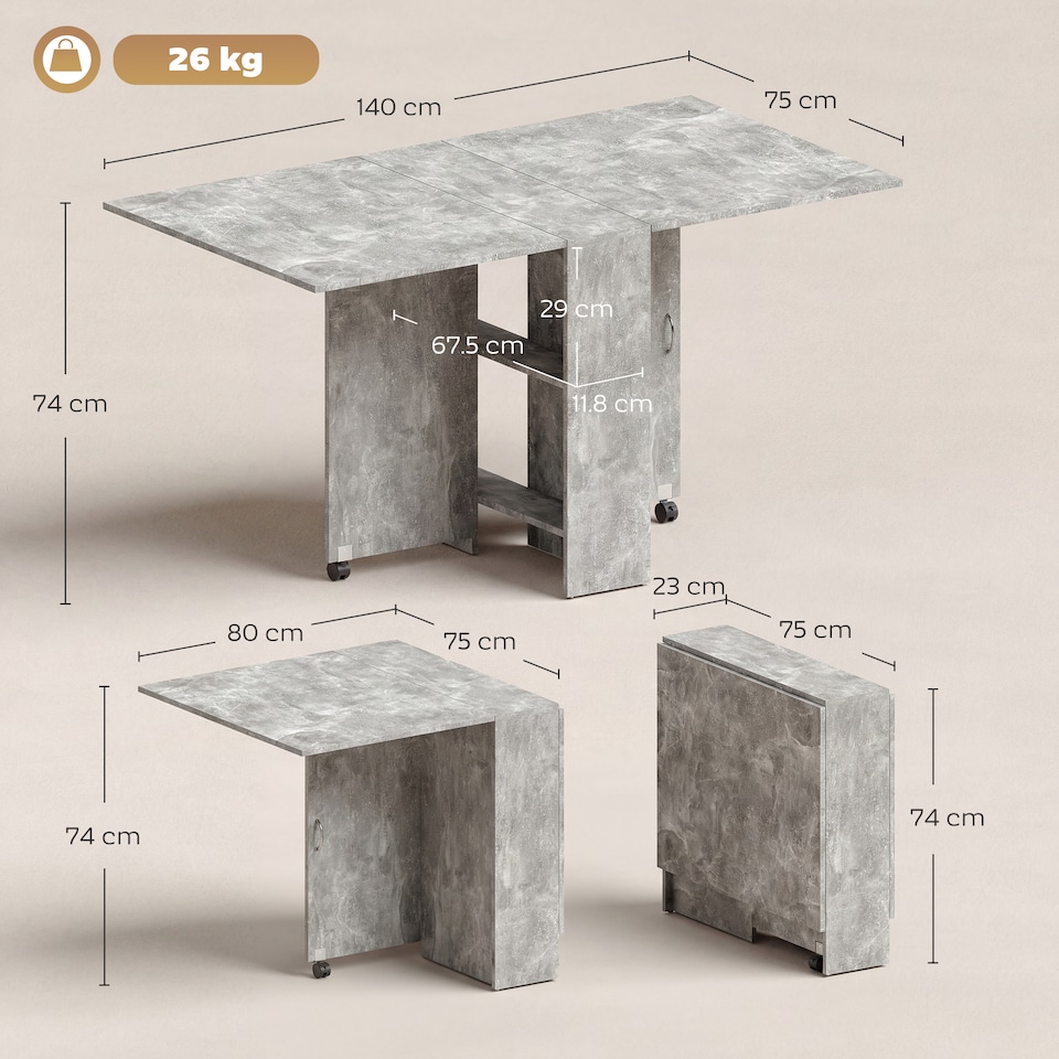 image 1 of HOMCOM 80-140 cm Folding Dining Table for 4-6 Drop Leaf Table Cement Grey