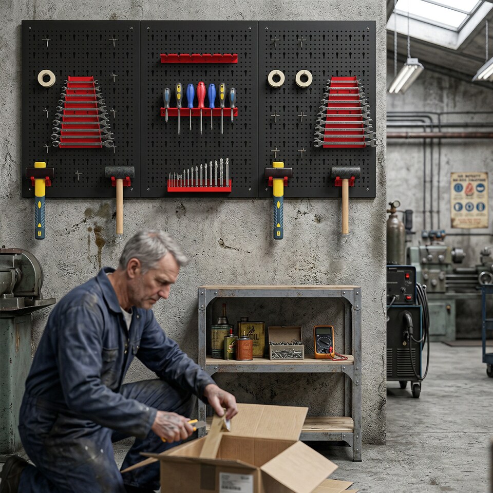 image 1 of HOMCOM 28 Pcs Wall-Mounted Pegboard with Hooks and Storage Shelves
