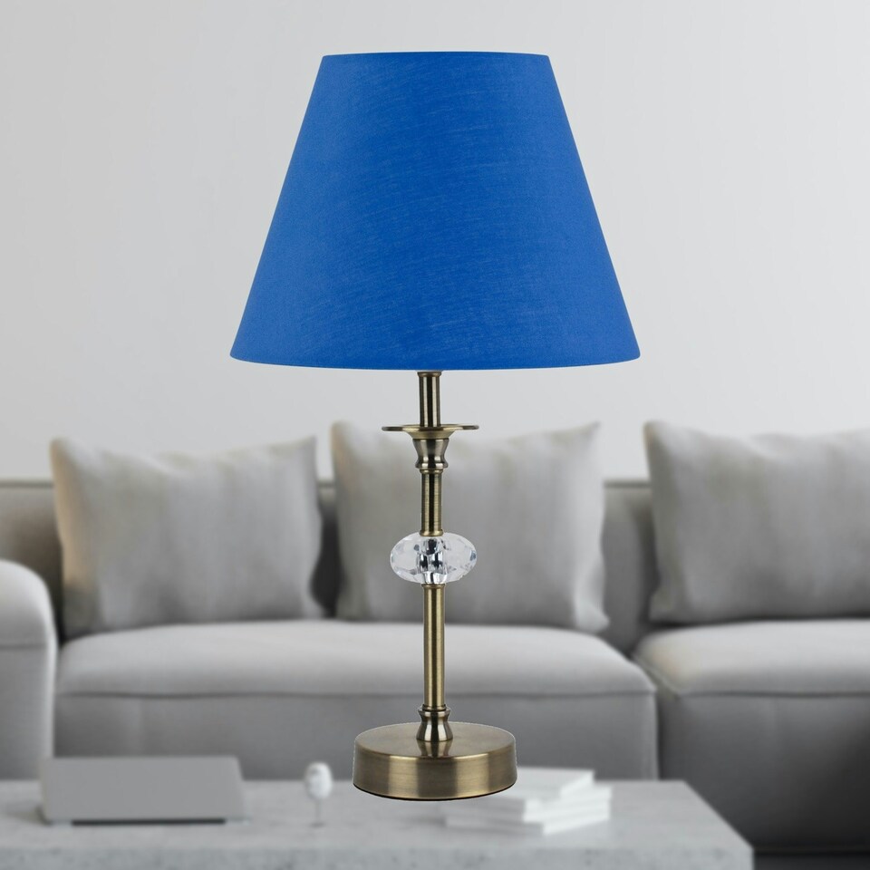 image 1 of Set of 2 Antique Brass Lamps with Facet Detail and Royal Blue Shades Bronze | Blue