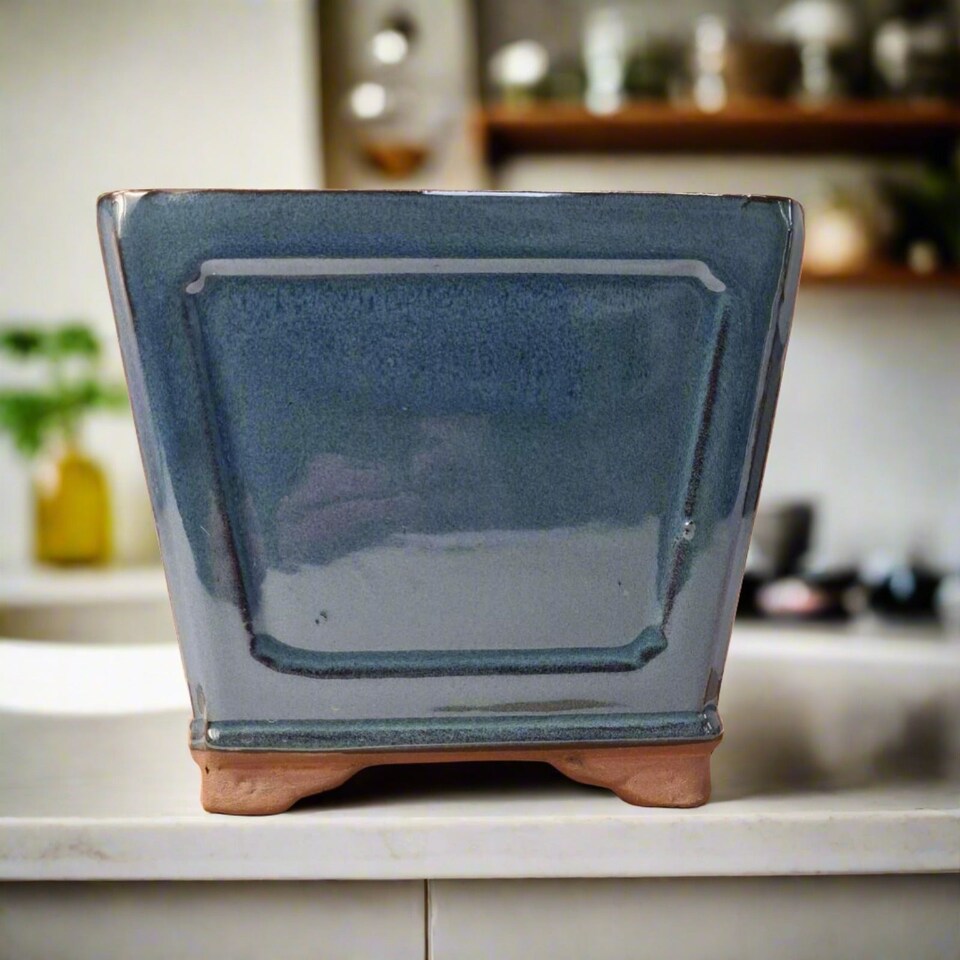 Yorkshire Bonsai 19cm Glazed Cascade Bonsai Pot Square 19cm x 19cm x 16cm Blue
