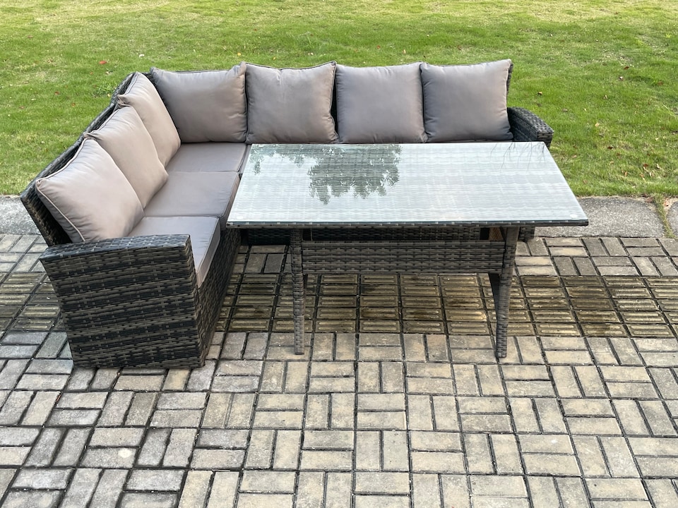 image 1 of Fimous 6 Seater Garden Rattan Furniture Corner Dining Set Rectangular Dining Table Indoor Outdoor Lounge Sofa Set Dark Grey Mixed
