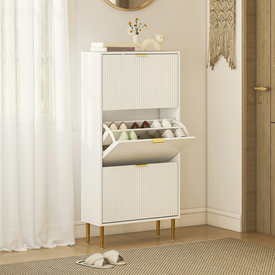 image 1 of HOMCOM Slim Shoe Storage Cabinet with 3 Flip Drawers for Hallway White | Gold | 60W x 24D x 128H cm