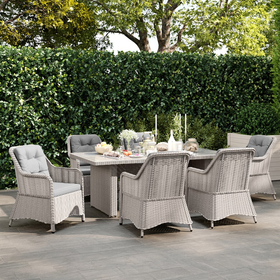 image 1 of Outsunny 6 Seater Rattan Dining Set, Luxury Round PE Rattan Garden Furniture Set with Cushions, Aluminium Outdoor Dining Table and Chairs with 6 Armchairs, Rectangle Glass Top Table, Grey