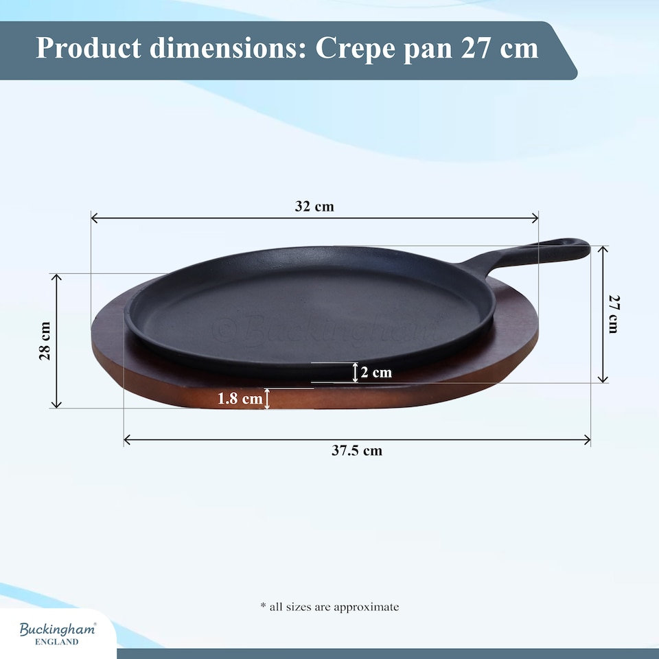 image 1 of Buckingham Pre-Seasoned Cast Iron Griddle Crepe Pan 27 cm with Wooden Base