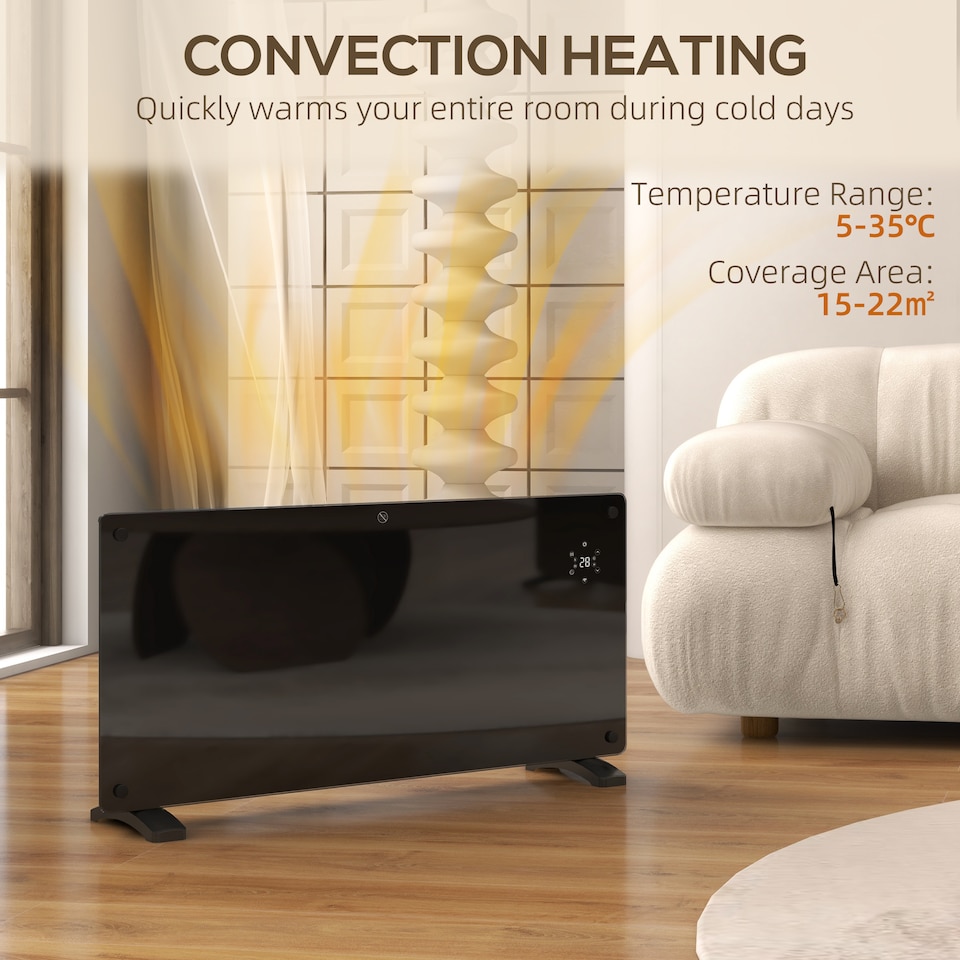 image 1 of HOMCOM Electric Heater Wifi Smart App, 2000W Glass Panel Heater Radiator, Freestanding or Wall Mounted Convector Space Heater with LED Display, 24Hr 7 Day Timer, Adjustable Thermostat, Remote Control
