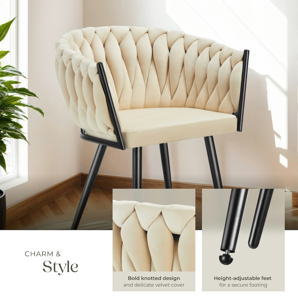 image 1 of Dining Chair Astano - padded, velvet, knot design, continuous backrest - Set of 2 Yellow | Sand