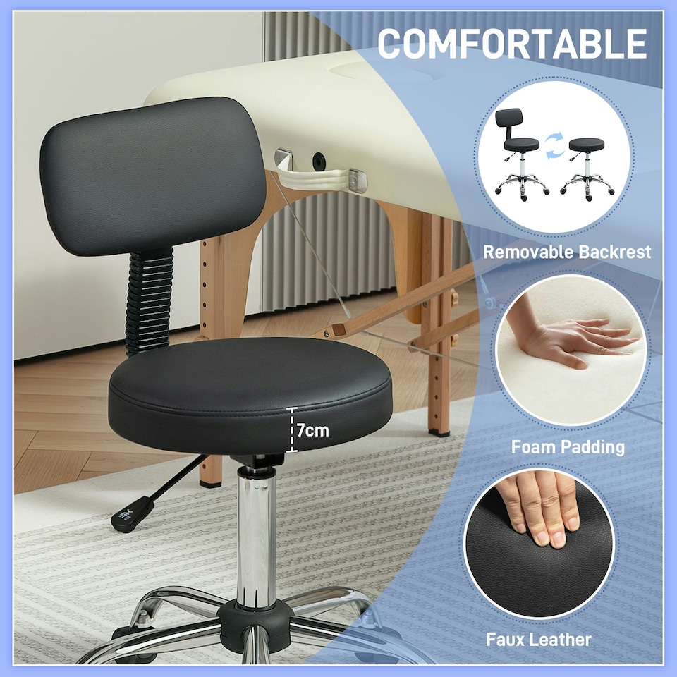 image 1 of HOMCOM Rolling Stool with Backrest, Wheels, Faux Leather Salon Chair Black