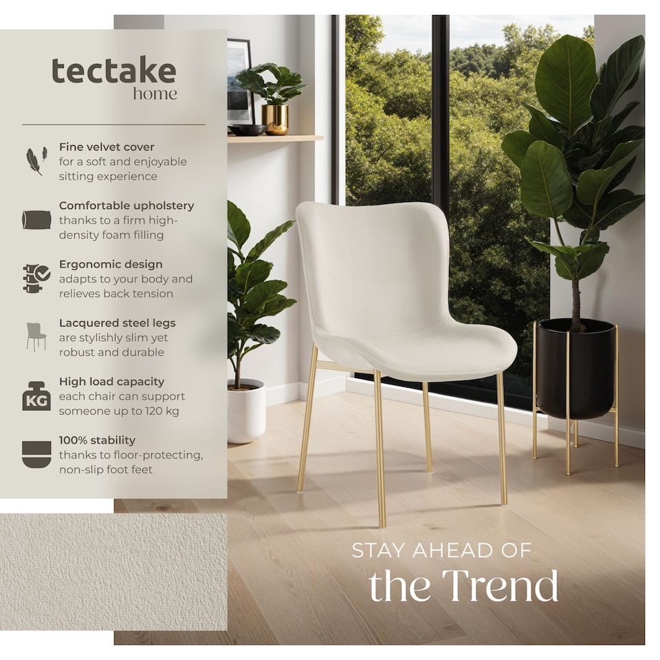 image 1 of Dining Chair Tessa - ergonomic high backrest, slim steel legs, soft fabric | Cream | Velvet look beige/gold | 1