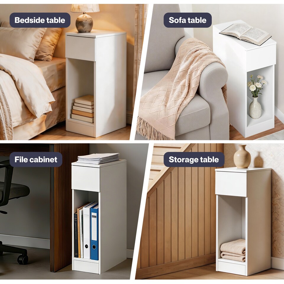 image 1 of Levede Bedside Table Cabinet  Narrow Slim Side Cabinet White Drawer Open Shelf