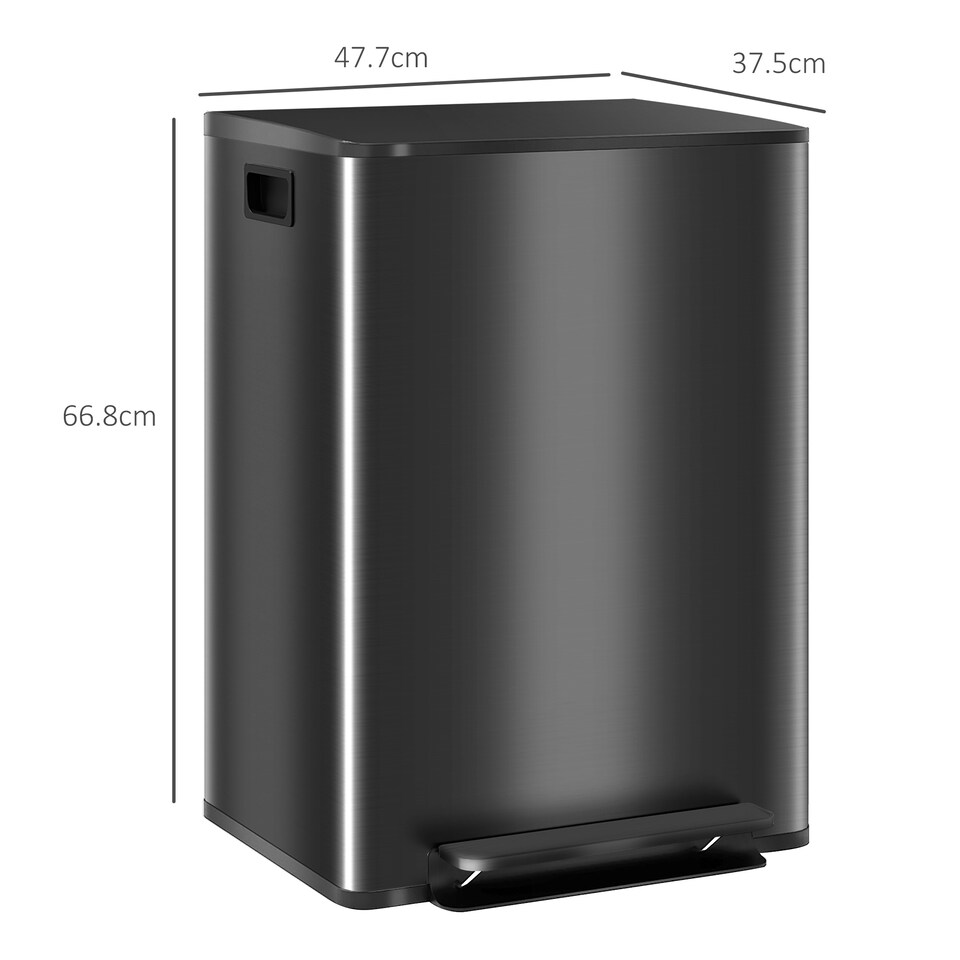 image 1 of HOMCOM Dual Kitchen Bin, 2 x 30L Stainless Steel Double Pedal Bin with Soft-Close Lid, Removable Inner Buckets and Handles for Recycling and Waste, Black | Black | 1