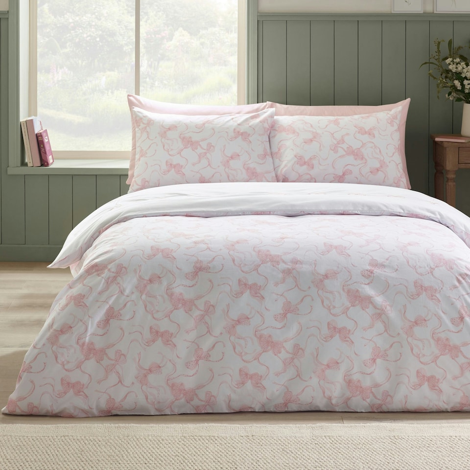 image 1 of Catherine Lansfield Bow Embroidery Duvet Cover Set White / Pink Pink | White / Pink | Double