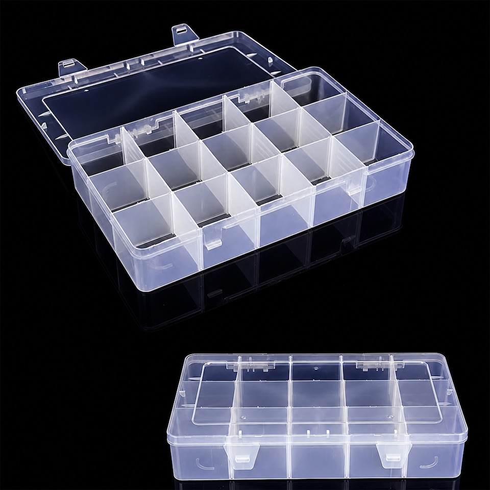 image 1 of 15 Compartment Storage Box, Clear Plastic Organiser with Dividers