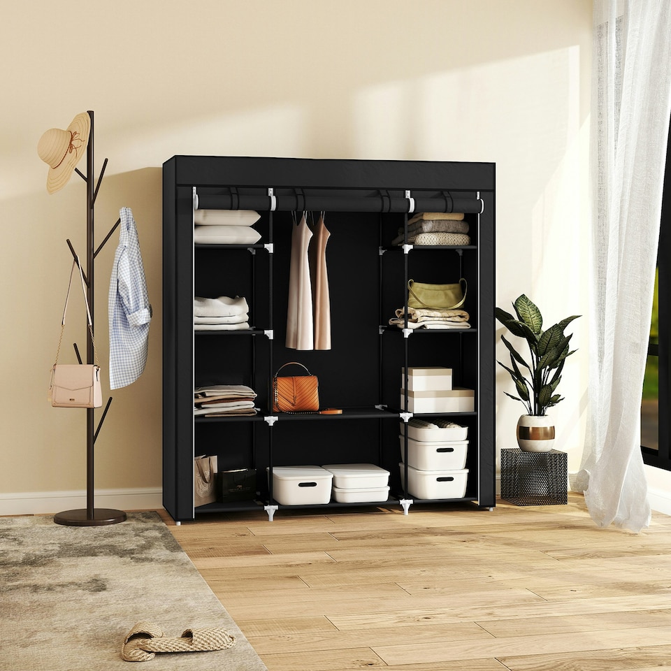 image 1 of HOMCOM Fabric Wardrobe with 10 Shelves 1 Hanging Rail Foldable Closets Black