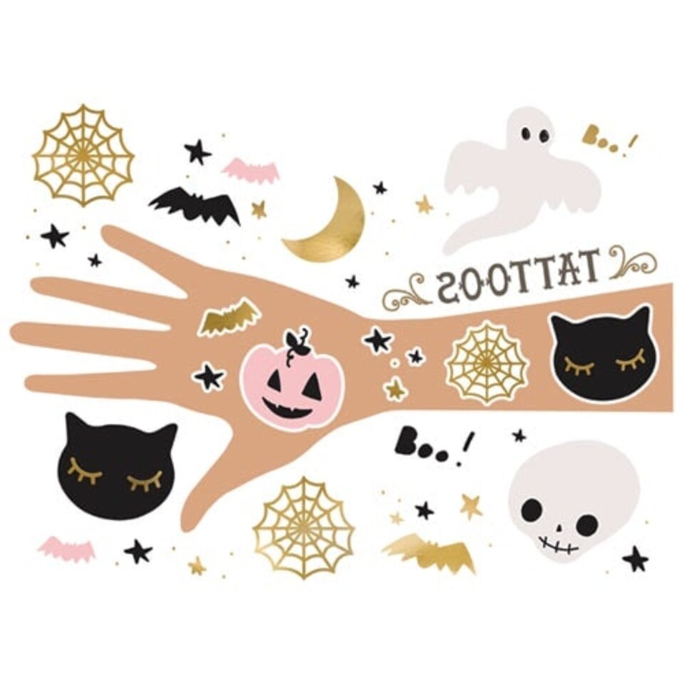 image 1 of Halloween Pink, Gold & Black Temporary Tattoo Sticker Sheet