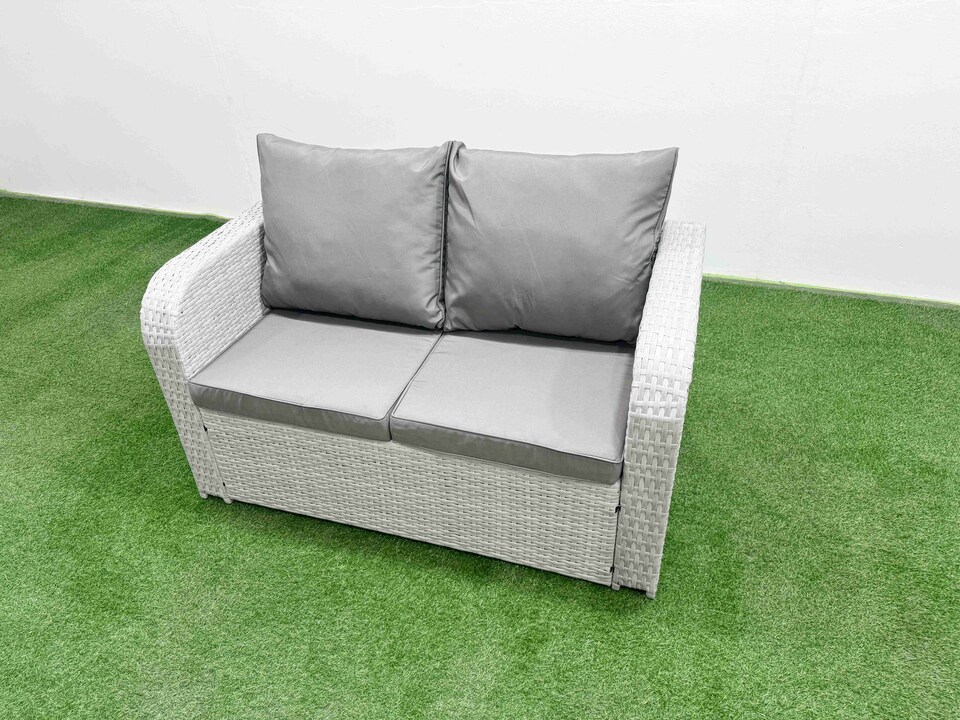 image 1 of Fimous 5 Seater Outdoor Love Sofa Set Rattan Garden Furniture Set with Oblong Coffee Table Big Footstool Light Grey