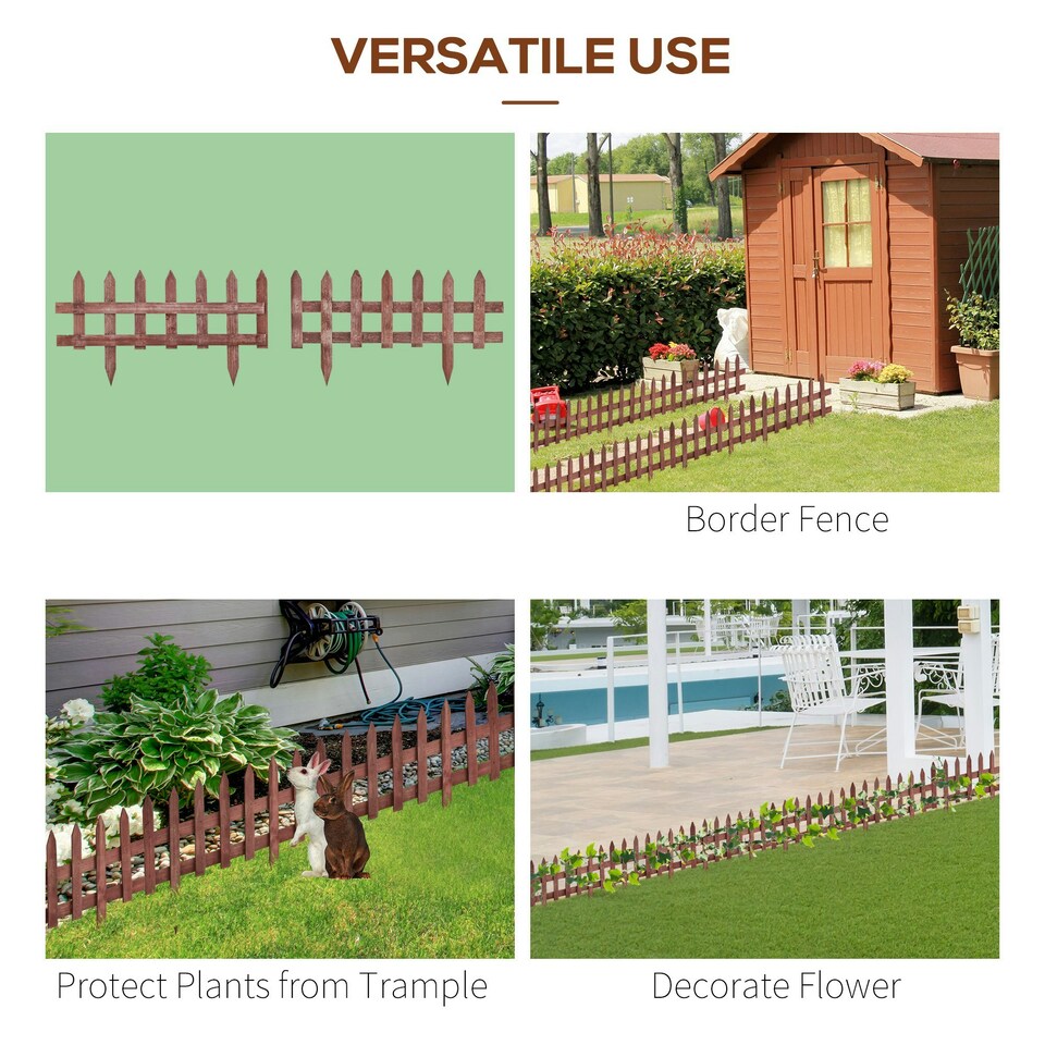image 1 of Outsunny Pack of 12 Wooden Plant Border Fence Garden Fixed Picket Fence Brown