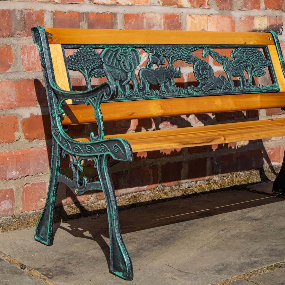 image 1 of Kids 2 Seater Wooden & Cast Iron Garden Patio Childrens Bench with Animal Design