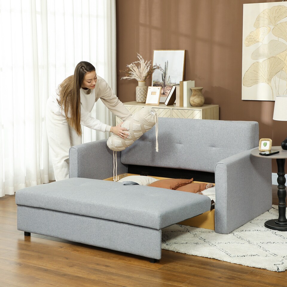 image 1 of HOMCOM 2 Seater Sofa Bed with Hidden Storage, Pull Out Convertible Bed Settee, Modern Linen Loveseat Sofa Sleeper with 2 Cushions for Living Room, Guest Room, Light Grey | Grey | Grey | One Size
