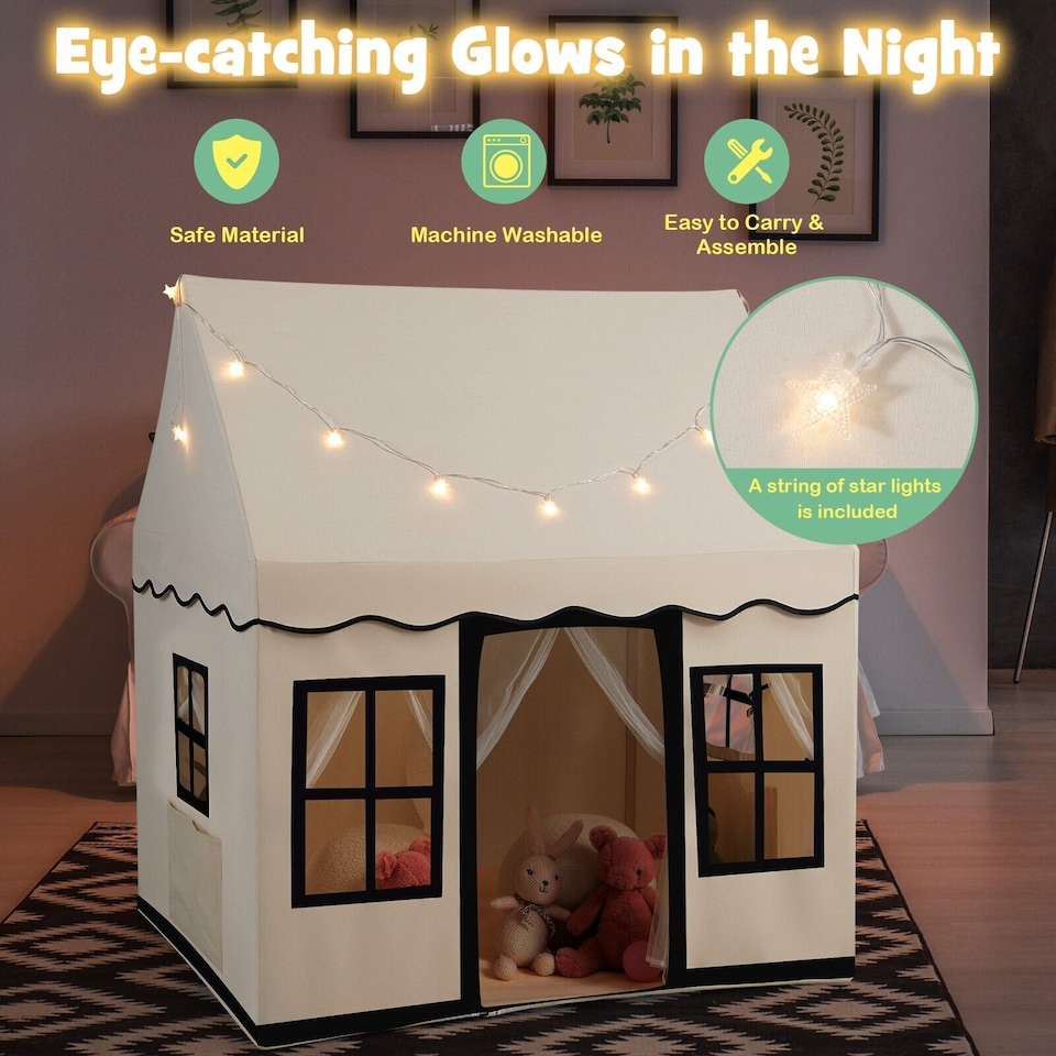 image 1 of COSTWAY Kids Play Tent Indoor Kids Playhouse with Star Lights Beige
