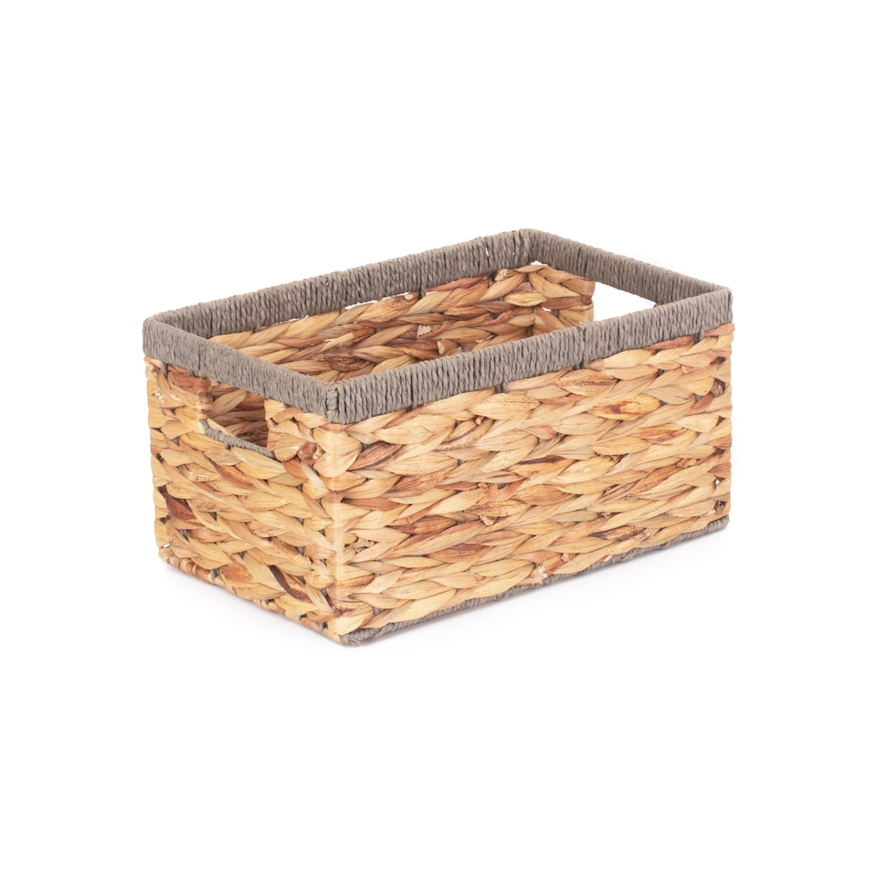 image 1 of Small Water Hyacinth With Grey Rope Border Rectangular Storage Basket | Brown | Brown