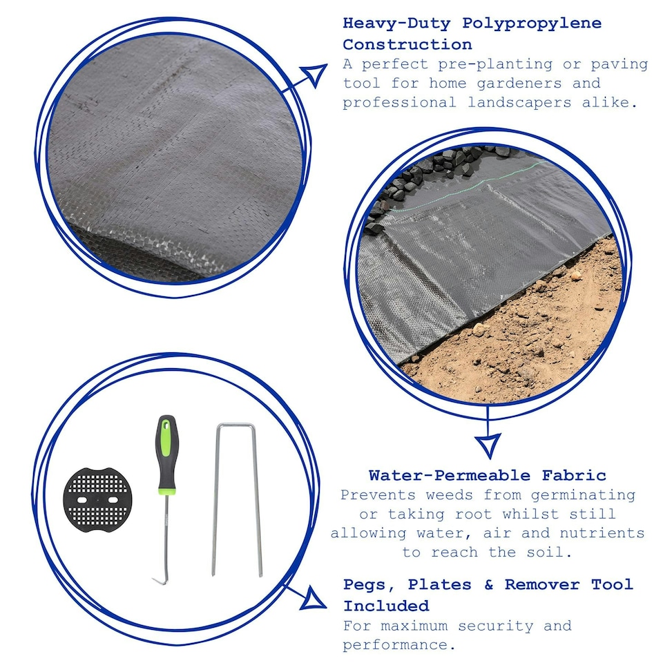image 1 of Harbour Housewares 110gsm Weed Control Membrane Set with Pegs & Plates - 2m x 5m (1 Roll) - Weed Fabric Garden Membrane Weed Membrane Flower Bed Membrane Black