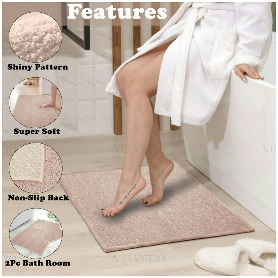 image 1 of VELVETIO Shiny Sparkling Bath Set Anti Slip Pedestal Mat Bathroom Rugs Pink