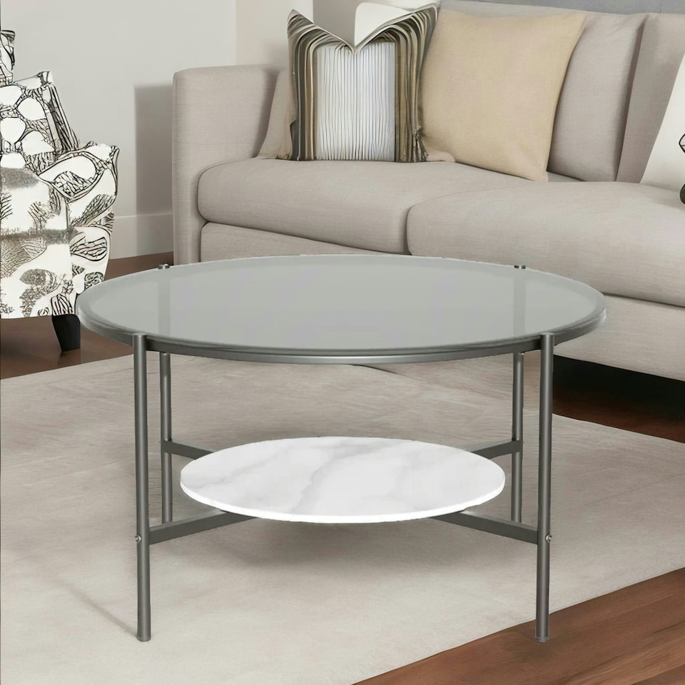 image 1 of 2 Tier Round Faux Marble Glass Coffee Table Heavy Duty Black