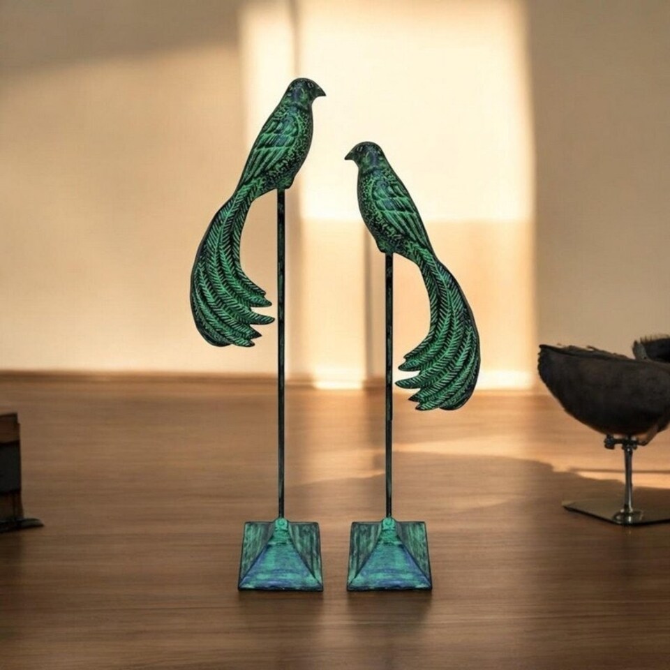 image 1 of Decorative Birds Ornament (Set of 2) - Cast Iron - Green