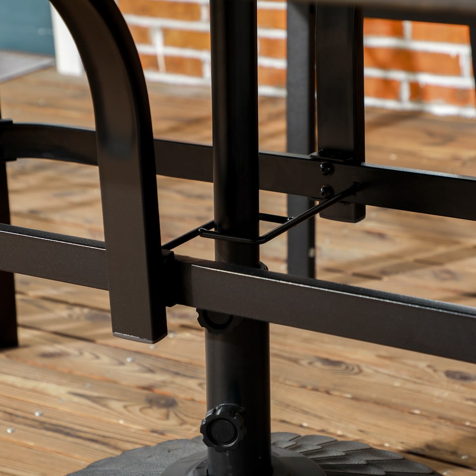 image 1 of Outsunny Garden Table with Parasol Hole, Outdoor Garden Dining Table with Wood Grain Tabletop and Steel Frame for Patio, Deck, Balcony, Brown, 150 x 96 x 73cm