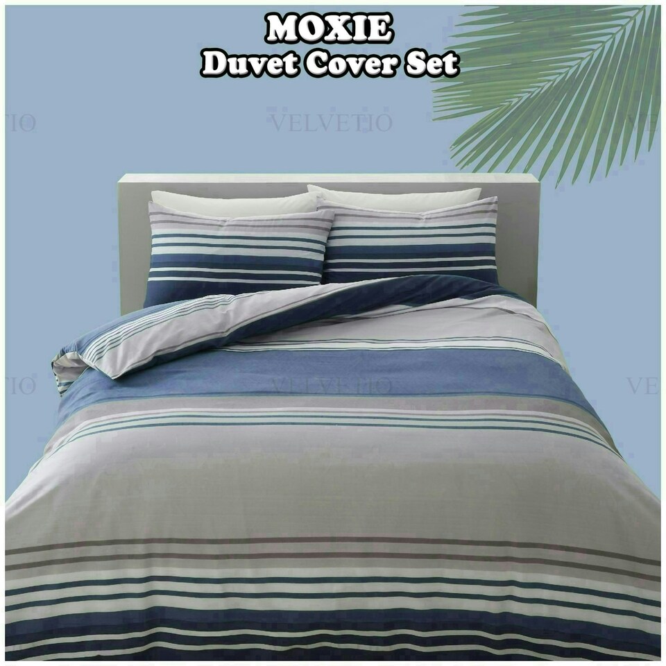 image 1 of VELVETIO Moxie Stripe Duvet Cover Set Reversible Polycotton Easy Care Beddings Blue | Single