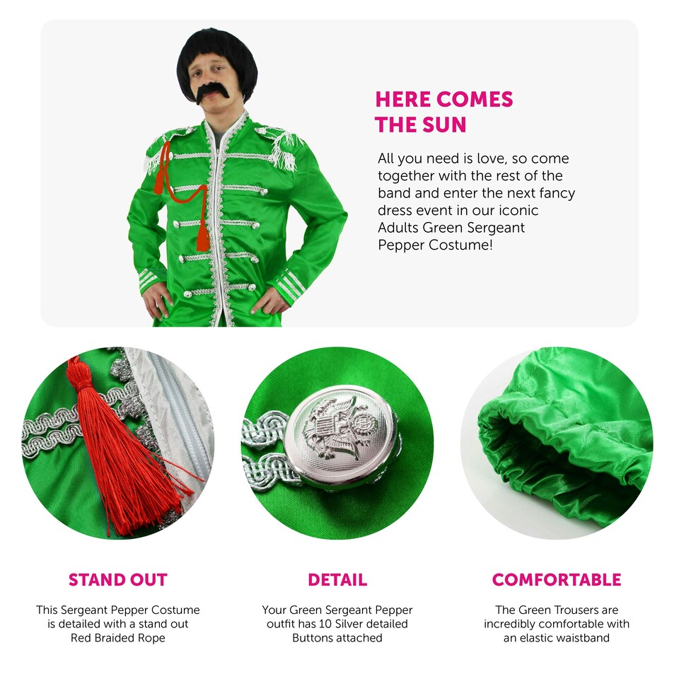 image 1 of Adults Green Sergeant Pepper Costume – 60s Fancy Dress Outfit Green | S
