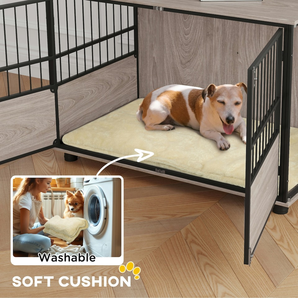 image 1 of PawHut 100cm Dog Crate Furniture Dog Cage End Table Indoor w/ Doors, Cushion