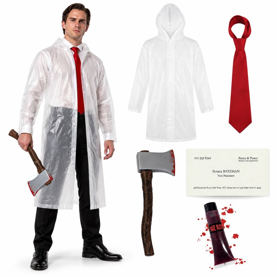 image 1 of Mens Halloween Businessman Serial Killer Costume Set - Raincoat, Tie, Fake Axe & Business Card