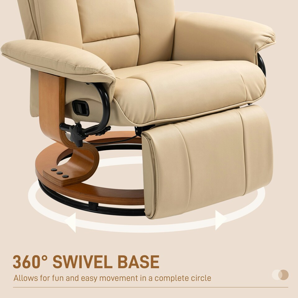 image 1 of HOMCOM PU Leather Reclining Armchair with Footrest for Living Room, Beige Cream | Yellow Wood Tone Base