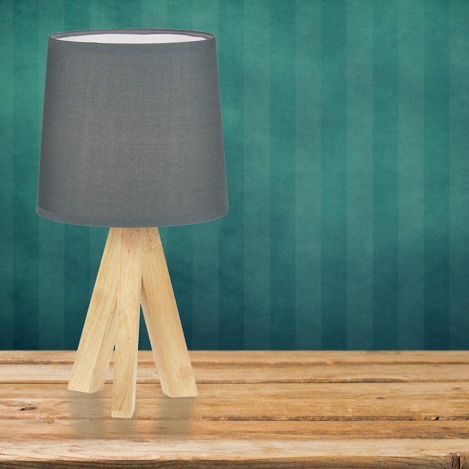 image 1 of Set of 2 Hubert - Natural Wooden Tripod Lamps | Brown | Grey | Medium | 2