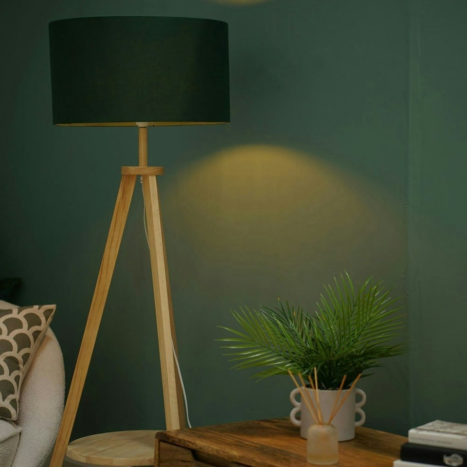 image 1 of ValueLights Morrigan Wooden Tripod Floor Lamp Forest Green Shade Green