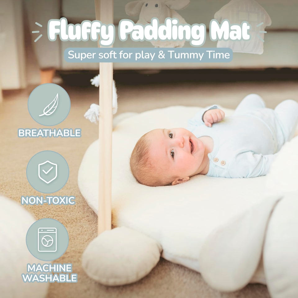 image 1 of BooBoo Baby EWE & ME Play Mat Baby Gym | Wooden Activity Tummy Time Playmat | Ewe & Me Super Soft Sheep Design | x4 Detachable Sensory Toys