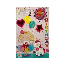 Daughter Age 2 Girl And Unicorn Design Juvenile Birthday Card With Badge