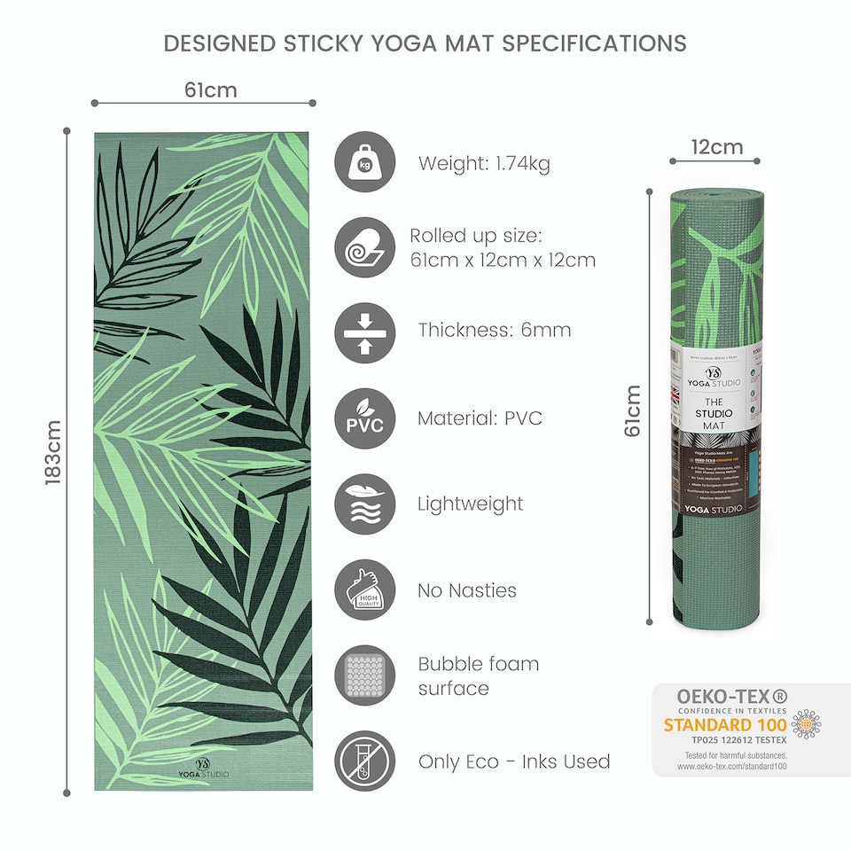 image 1 of Yoga Studio Designed Sticky Yoga Mat 6mm - Sage Green Mat Paradise Palm | Multi | Sage Green Mat Paradise Palm | 183cm x 61cm x 6mm