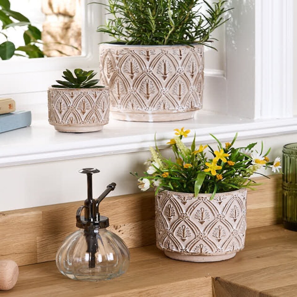 image 1 of Set of 3 Beige Textured Floral Plant Pots Brown | Beige